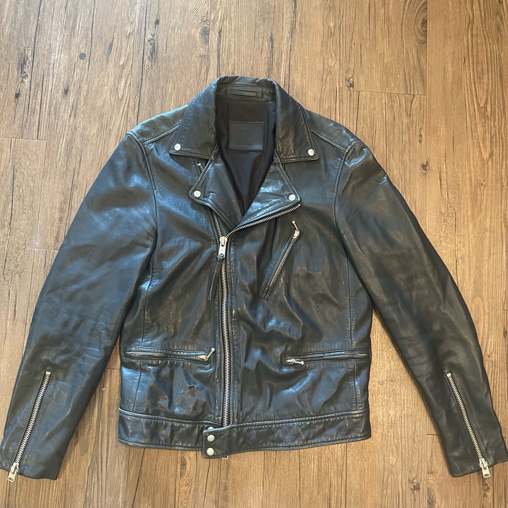 Allsaints Dark Navy Lambskin Leather Moto Jacket